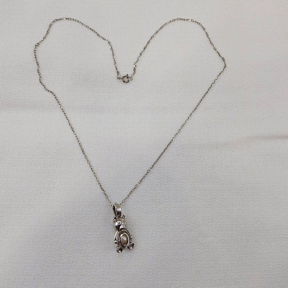 Sterling Silver Teddy Bear Pearl Cage Pendant Necklace 925 Chain  Jewelry